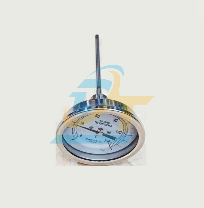Đồng hồ đo nhiệt độ 75mm 150 độ Deawon ren 21mm (Vỏ thép, Chân sau cảm ứng inox 304 dài 132mm)
