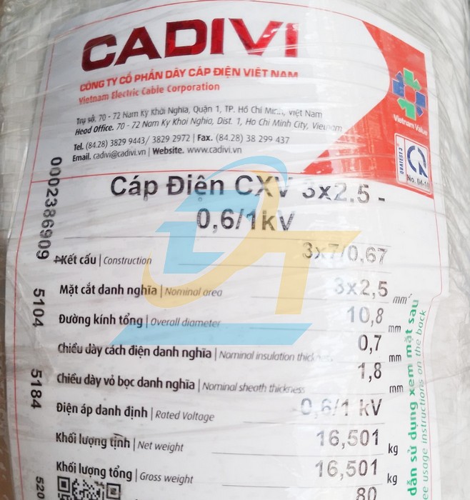 Dây cáp điện Cadivi CXV 3x2.5 - 0.6/1kV  Cadivi | Giá rẻ nhất - Công Ty TNHH Thương Mại Dịch Vụ Đạt Tâm